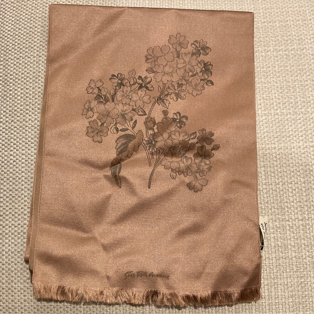 Vintage oblong silk scarf with floral print and fringe on both ends.